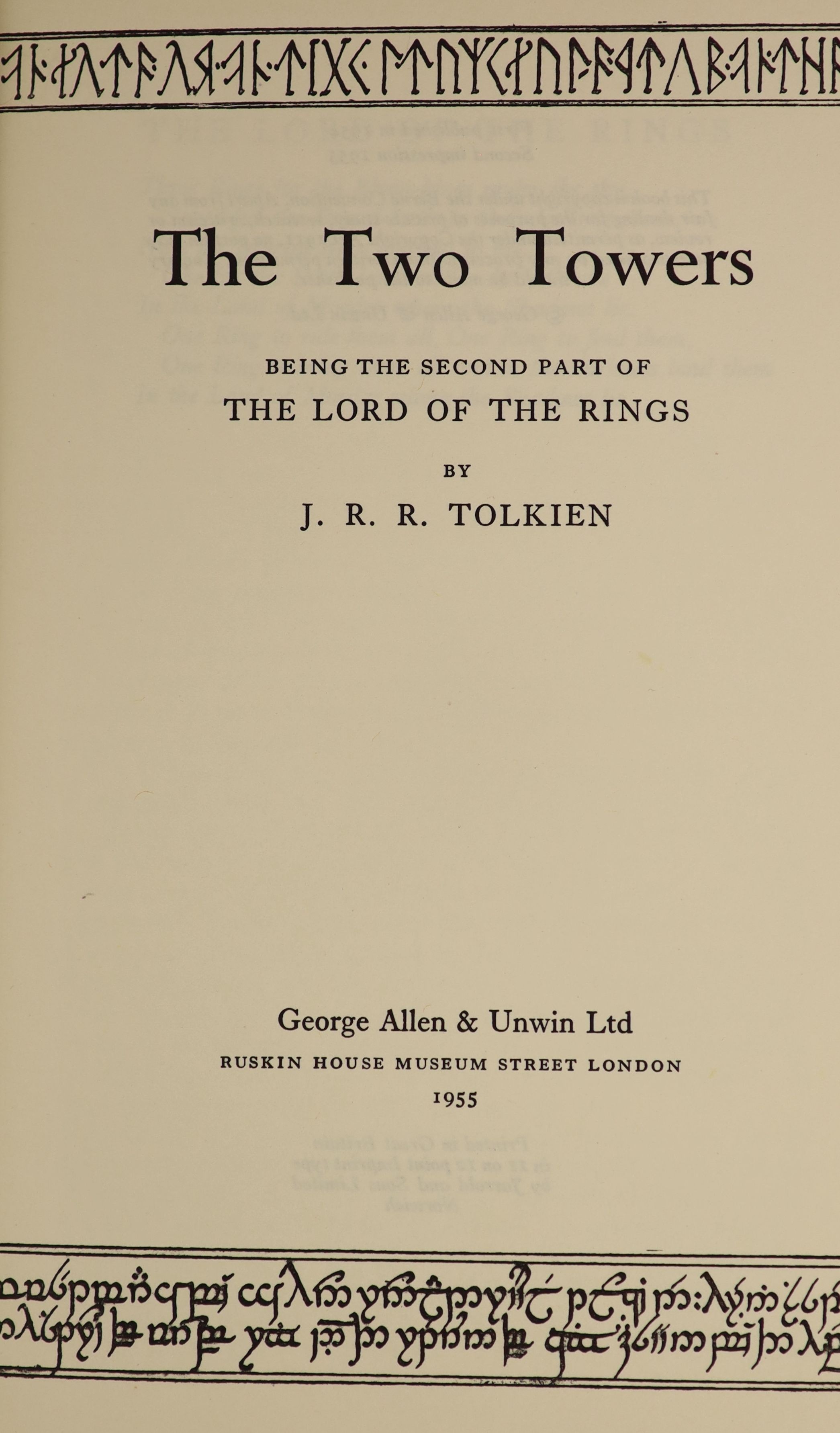 Tolkien, John Ronald Reuel - The Lord of the Rings, 1st editions, 2nd impressions of The Two Towers and The Return of the King, 1955, 4th impression of The Fellowship of the Ring, 1955, all original cloth, all with uncli